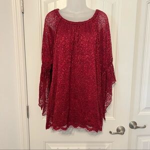 Women's New Directions Red Lace Long Sleeve Blouse Size XL